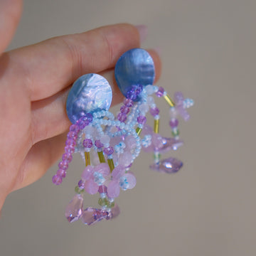 Blue Purple Disc Beaded Tassel Earrings Statement Jewelry
