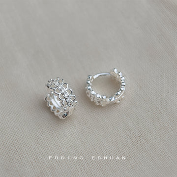 Silver Scalloped Lace Edge CZ Huggie Hoop Earrings