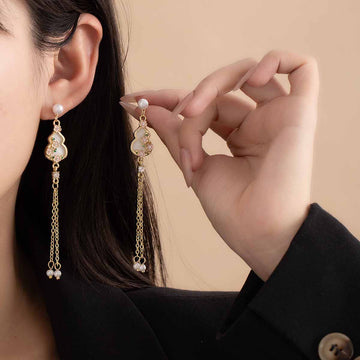 Gold Gourd Floral Extra Long Chain Dangle Earrings