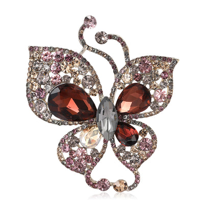 Openwork Crystal Butterfly Brooch in Two Colors displayed from the front