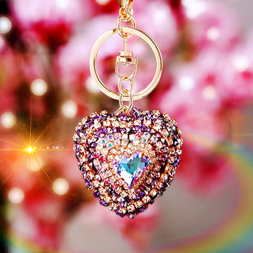 Layered Gem Crystal Heart Keychains with Straps and Plain Options