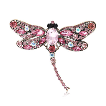 Jeweled Dragonfly Brooch with Faceted Wings and Long Tail