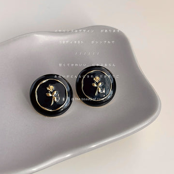 Black Enamel Round Rose Motif Stud Earrings Gold Trim