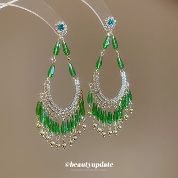 Green Beaded Chandelier Tassel Stud Earrings Fashion Jewelry