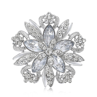 Large Layered Crystal Flower Brooch shown against a white display background