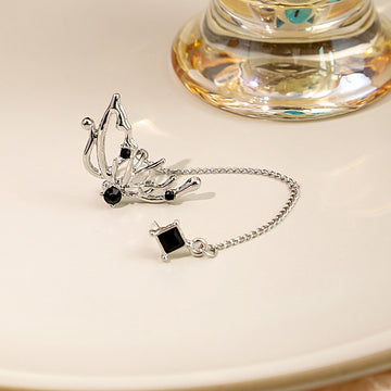 Silver Butterfly Black Square Chain Connected Ear Cuff