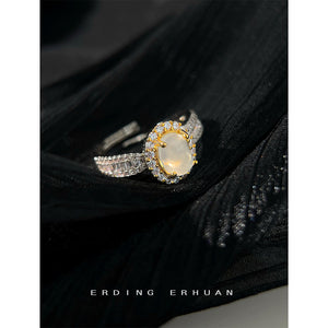 Two-Tone Open Oval Cabochon Halo Pavé Adjustable Ring
