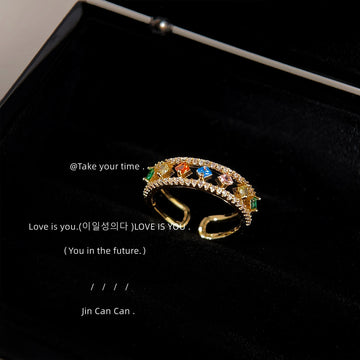 Gold Tone Multicolor Baguette Fringe Adjustable Open Ring