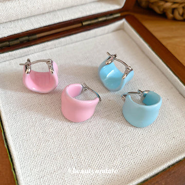 Blue and Pink Enamel Wide Hoop Earrings With Silver Tone Closures