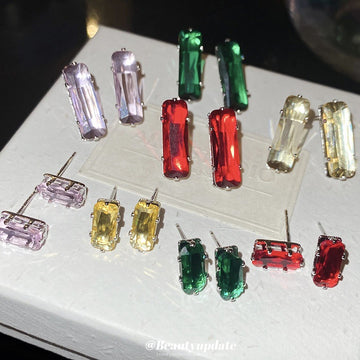 Gold Tone Rectangular Crystal Stud Earrings In Eight Colors