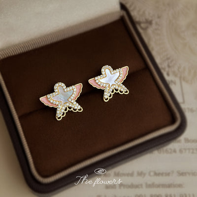 Gold mother-of-pearl swallow pink enamel studs in brown jewelry case