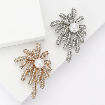 Crystal Firework Flower Brooch with Pearl Center for Jackets and Scarves