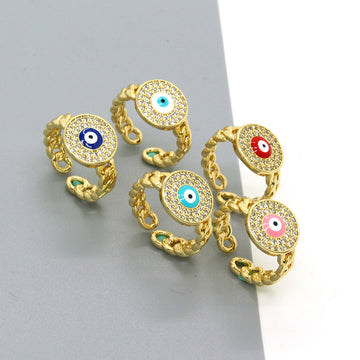 Gold Tone Crystal Halo Round Evil Eye Chain Band Rings in Five Colors