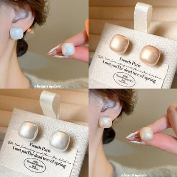 Iridescent White Square Pearl Look Statement Stud Earrings