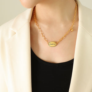 Gold Paris Oval Plaque Paperclip Chain Necklace Ball Charm