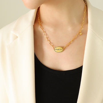 Gold Paris Oval Plaque Paperclip Chain Necklace Ball Charm