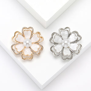 Camellia Shell Pearl Brooch Gold Silver Rhinestone Flower Pin