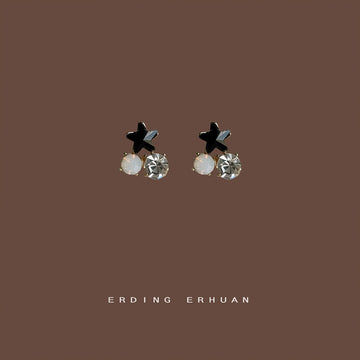 Mini Black Star Glass Crystal Stud Earrings Dual Stones