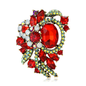 Antique Gold Hollow Floral Rhinestone Brooch Green Red Pin