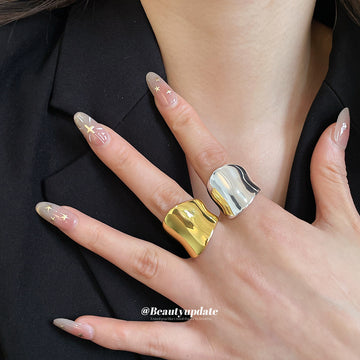 Wide Wavy Open Band Rings Gold Silver Irregular Shape