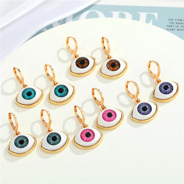 Gold Tone Eyeball Huggie Drop Earrings in Five Iris Colors