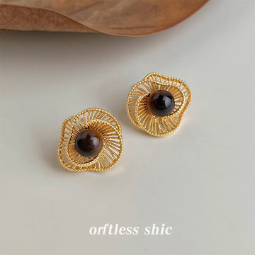 Gold Tone Radiating Openwork Black Round Stone Stud Earrings