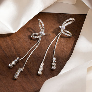 Silver Tone Bow and Double Long Chain Tassel Earrings