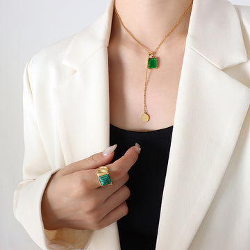 Green Black Crystal Square Slider Disc Necklace Gold Tone