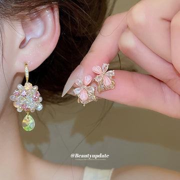 Pink Floral Crystal Drop Statement Earrings in Two Designs