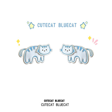 Silver Blue Outline Cartoon Cat Stud Earrings Pair