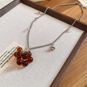 Silver Tone Chain Necklace With Brown Grape Cluster Pendant
