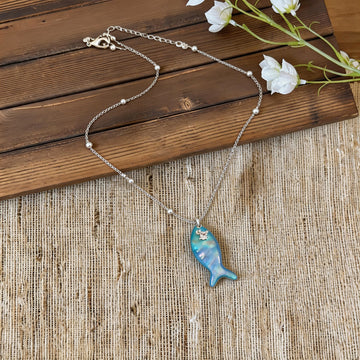 Blue Fish Pendant Necklace with Pearl Accents Fashion Jewelry