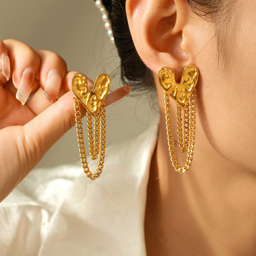 Hammered Heart Stud Earrings Chain Tassel Gold and Steel