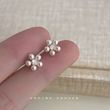 Gold Pearl Flower Stud Earrings Clear Center CZ Stone