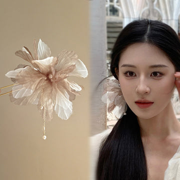 Translucent Fabric Flower Hairpin With Pearl Like Drop In Five Colors