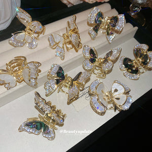 Two Gold Tone Iridescent Black Butterfly Crystal Hair Claws