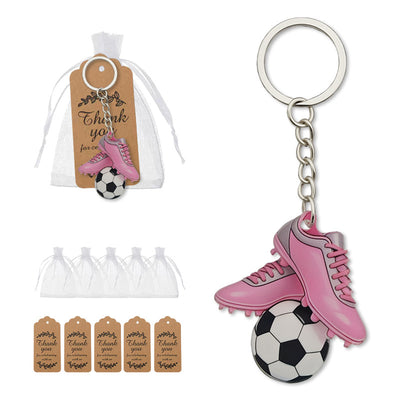 Pink soccer cleats ball keychain with organza bags and kraft tags