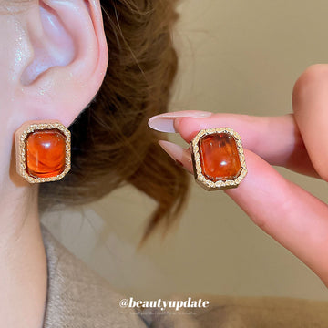 Amber Red Rectangular Framed Stud Earrings Jewelry Accessory