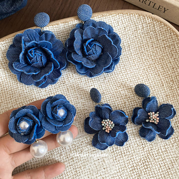 Blue Fabric Flower Stud Earrings In Two Designs Jewelry