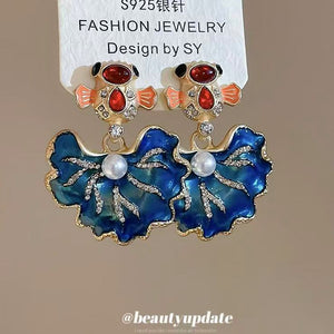 Blue Enamel Koi and Flower Statement Stud Earrings