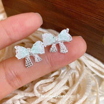 Light Blue Bow Crystal Tassel Stud Earrings Statement Jewelry