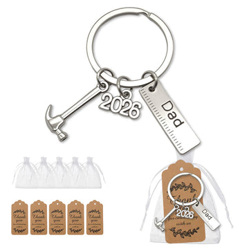 Silver Dad Hammer Ruler Multi Charm Metal Keychain Ring