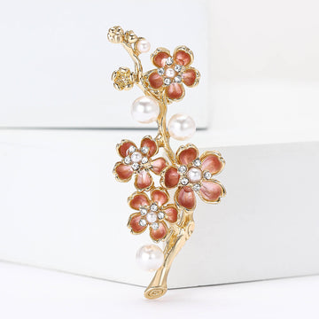 Gold Plum Blossom Branch Brooch Pink Enamel Petals Pearls