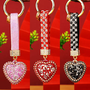 Full Crystal Heart Keychains with Jeweled Wrist Straps in Nine Colors