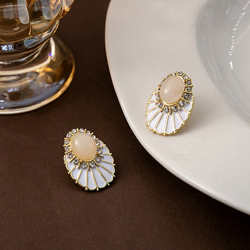 Gold Tone Oval Cabochon White Enamel Fan Stud Earrings