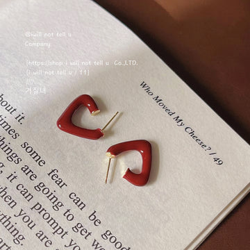 Wine Red Enamel Geometric Triangle Open Stud Earrings