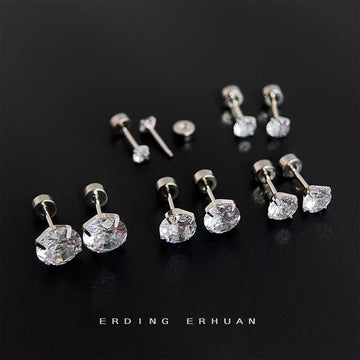 Round Clear Cubic Zirconia Screw Back Stud Earrings Five Sizes