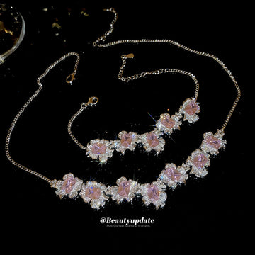 Pink Zircon Flower Necklace Bracelet Silver Tone 2 Styles