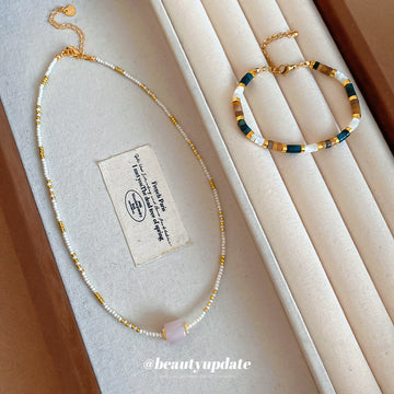 Gold Bead Bracelet And Pink Stone Bead Necklace Pieces