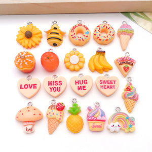 Resin Food-Themed Charms in Bee, Donut, Fruit, and Heart Shapes